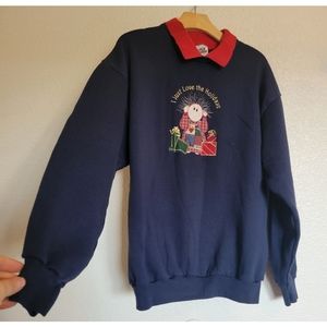 VNT unisex "I just love the holidays" funny sweater with red collar navy blue